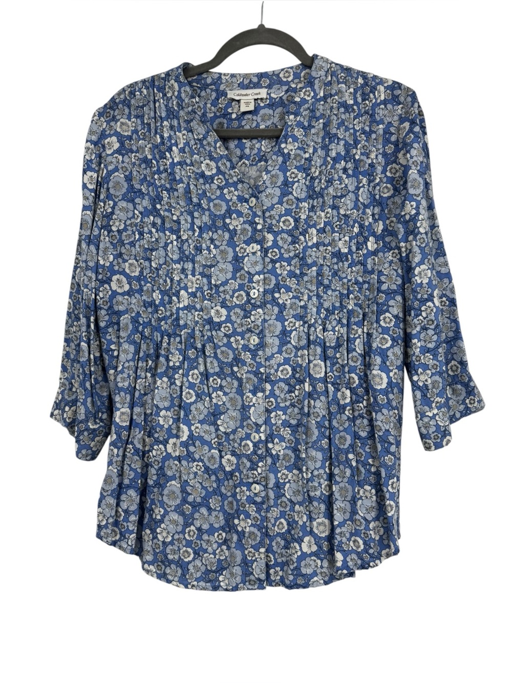 Women’s Coldwater Creek Medium Petite Blue/White Rayon Floral Button Front Tunic